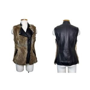 BCBGMAXAZRIA Leather Rabbit Fur Vest Asymmetrical Zipper Front Brown S Small
